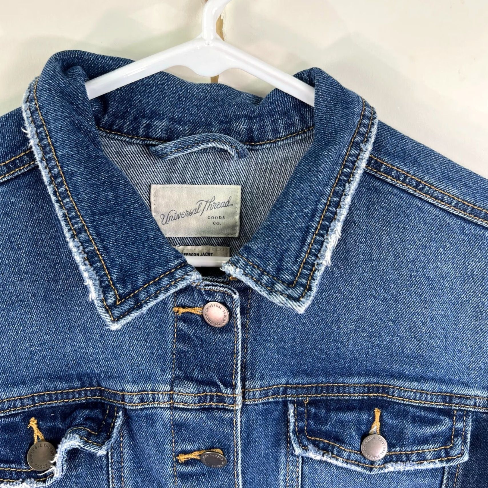 Vintage Universal Thread Freeborn Distressed Denim Jacket Teens XL Blue Casual Biker Mens Size 40" / US 18 - 2 Thumbnail