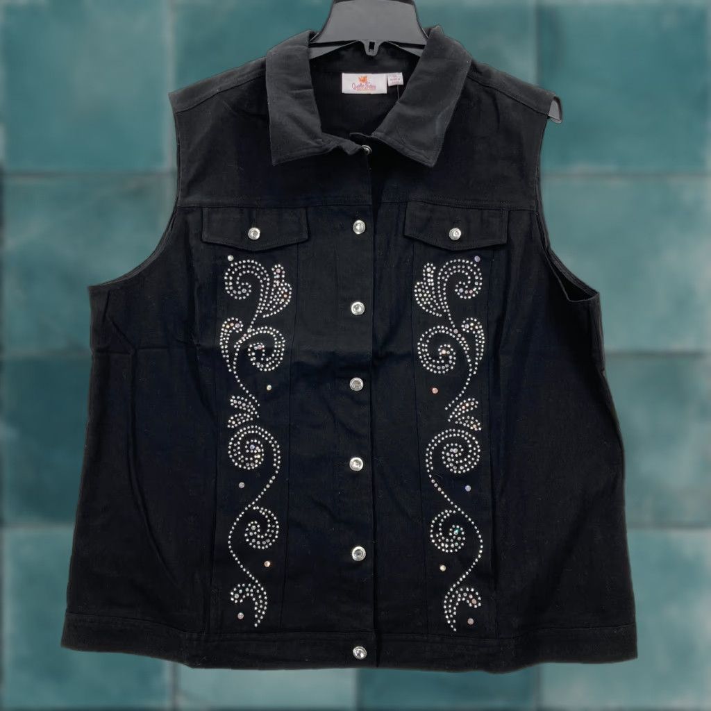 Quacker Factory Quacker Factory Black Twill Vest 1X Rhinestone Embellished Button Front Western Size XL / US 12-14 / IT 48-50 - 1 Thumbnail