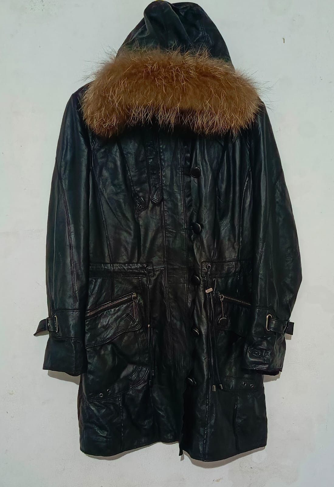 J- white -Fur Hoodie black Goat leather long jacket