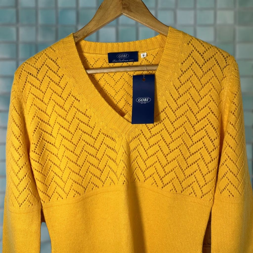 Vintage Gobi Cashmere Tunic Sweater Womens S Yellow V-Neck Chevron Pointelle Open-Knit Long Sleeve 100% Cashmere New Size S / US 4 / IT 40 - 1 Thumbnail