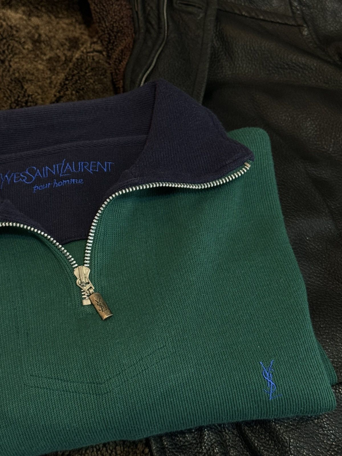 Yves Saint Laurent 90s YSL Sweatshirt 1/4 Quarter Zip Green Vintage Sweater Size US M / EU 48-50 / 2 - 1 Thumbnail