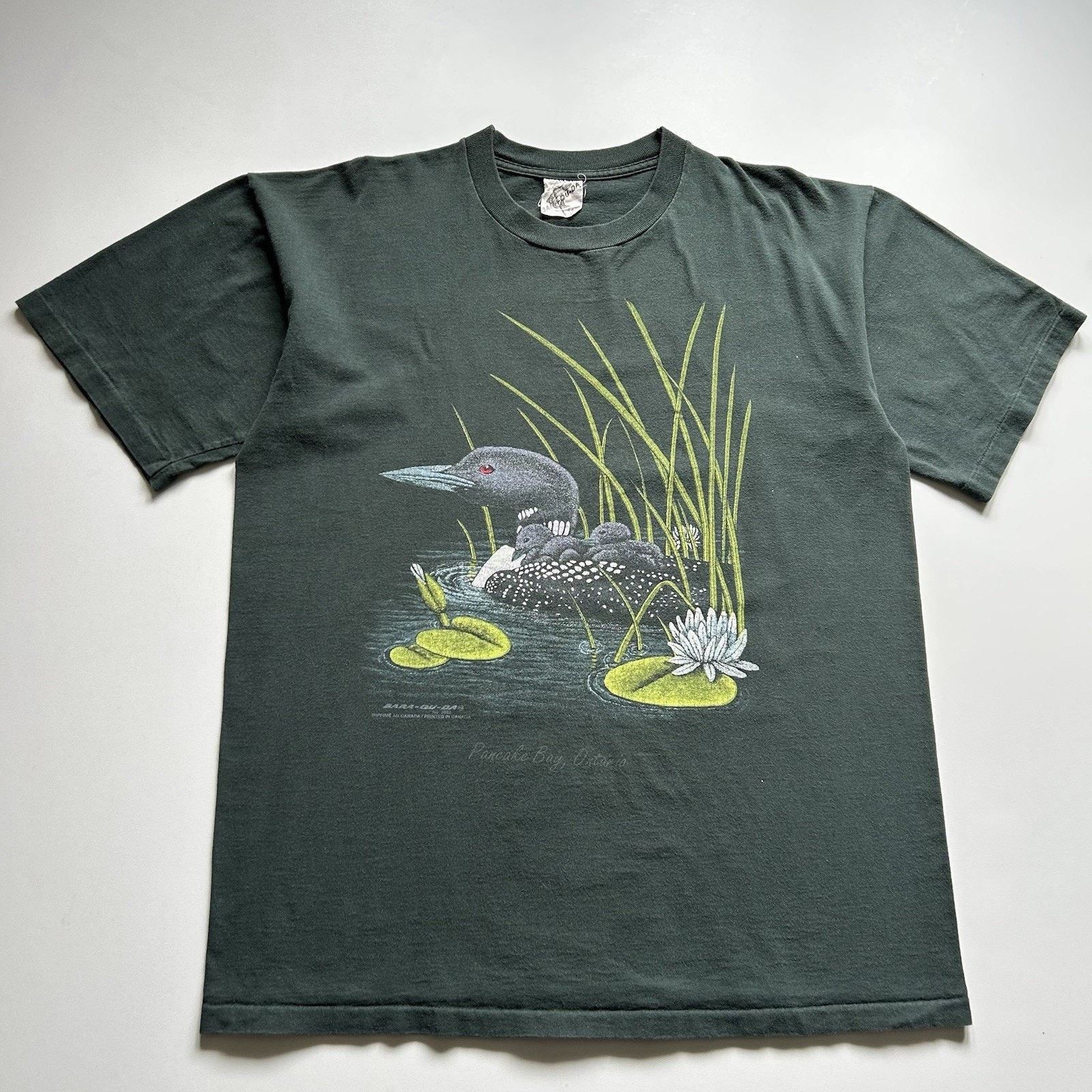 Vintage Nature Bird Loon Animal Art Shirt Large Faded Green