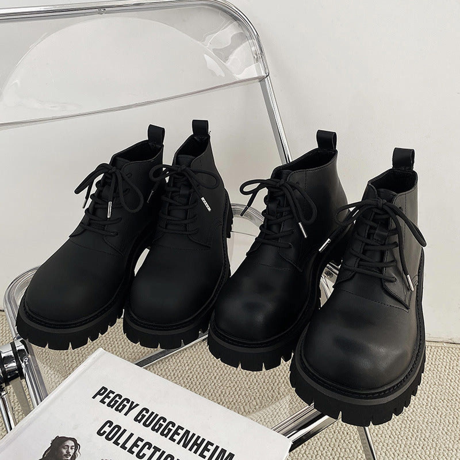 Japanese Brand Black Chunky Lace-Up Men's Ankle Boots, Rugged Sole Boots Size US 9 / EU 42 - 3 Thumbnail