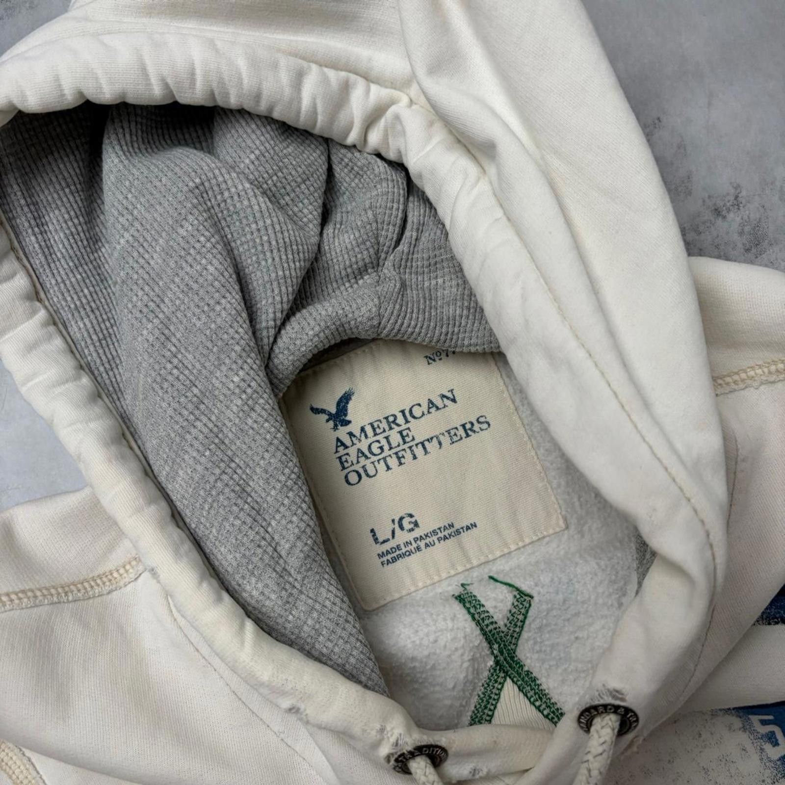 American Eagle Outfitters Y2K White Amercan Eagle Grunge Distressed Thermal Hoodie Size US L / EU 52-54 / 3 - 5 Thumbnail