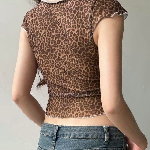Vintage Leopard Print Lettuce Trim Semi-sheer Tulle Crop Top Blouse Size S / US 4 / IT 40 - 2 Thumbnail