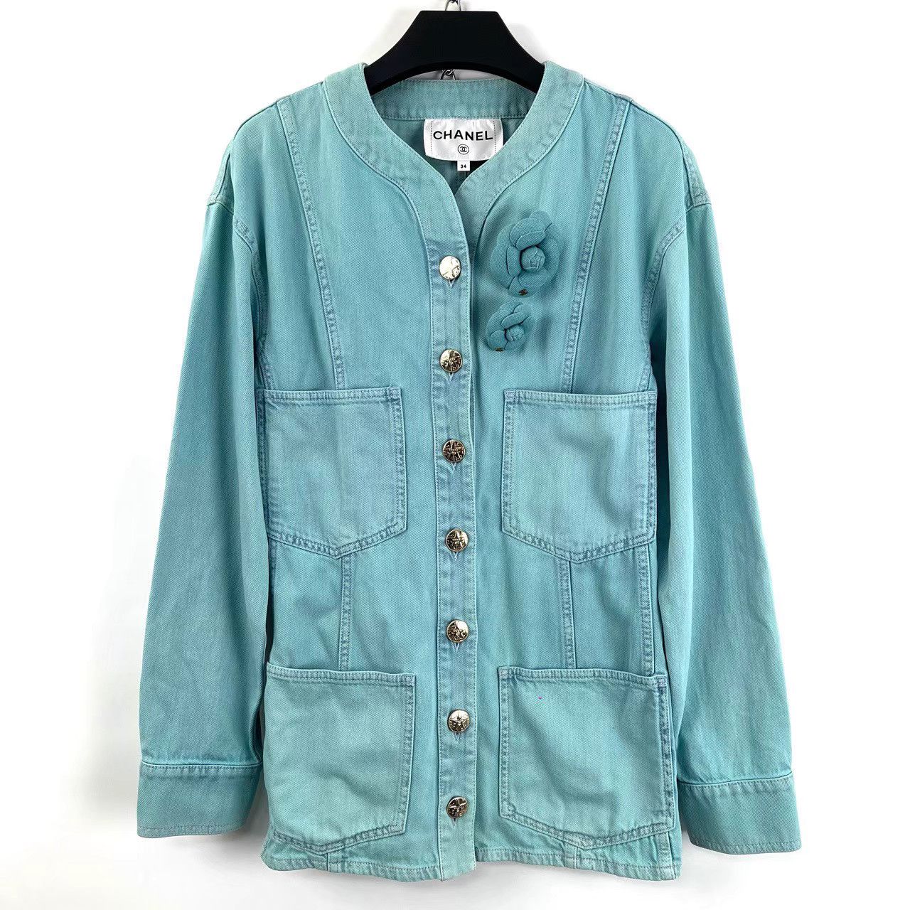Chanel Chanel Blue Camellia Brooch Denim Jacket K12 Size XXS / US 00 / IT 34 - 1 Thumbnail