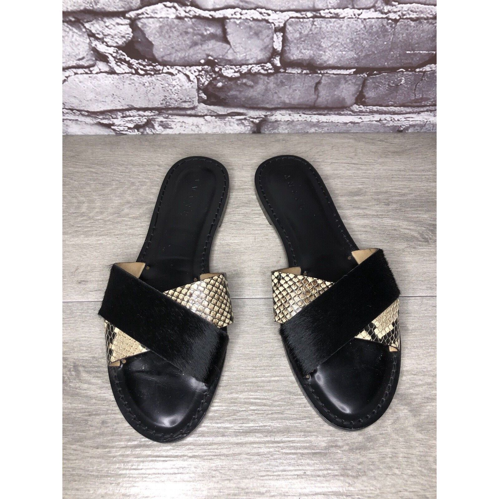 Other Amanu Black Calf Hair Leather Python Cross Strap Slides Sand Size US 9 / IT 39 - 10 Thumbnail
