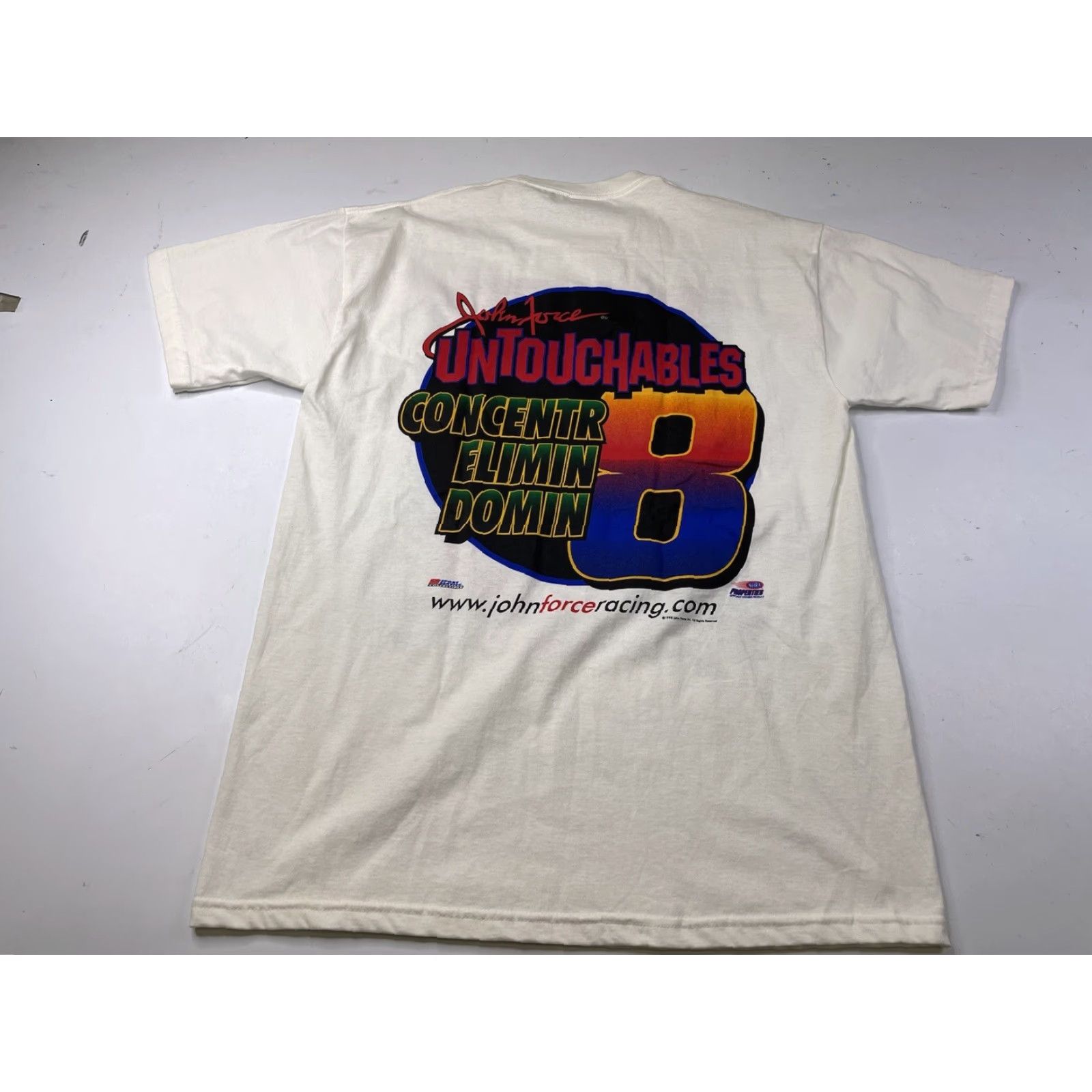 Jerzees VINTAGE John Force 2 Side T-Shirt NHRA Drag Racing NASCAR 8 Championship L White 90s Cars Nascar Oil Racing Logo Unisex Adults T-Shirt Mens Size US L / EU 52-54 / 3 - 6 Thumbnail