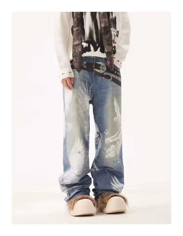 Jean Streetwear Baggy Loose Printed Washed Outdoor Jeans Pants Size US 31 - 12 Thumbnail