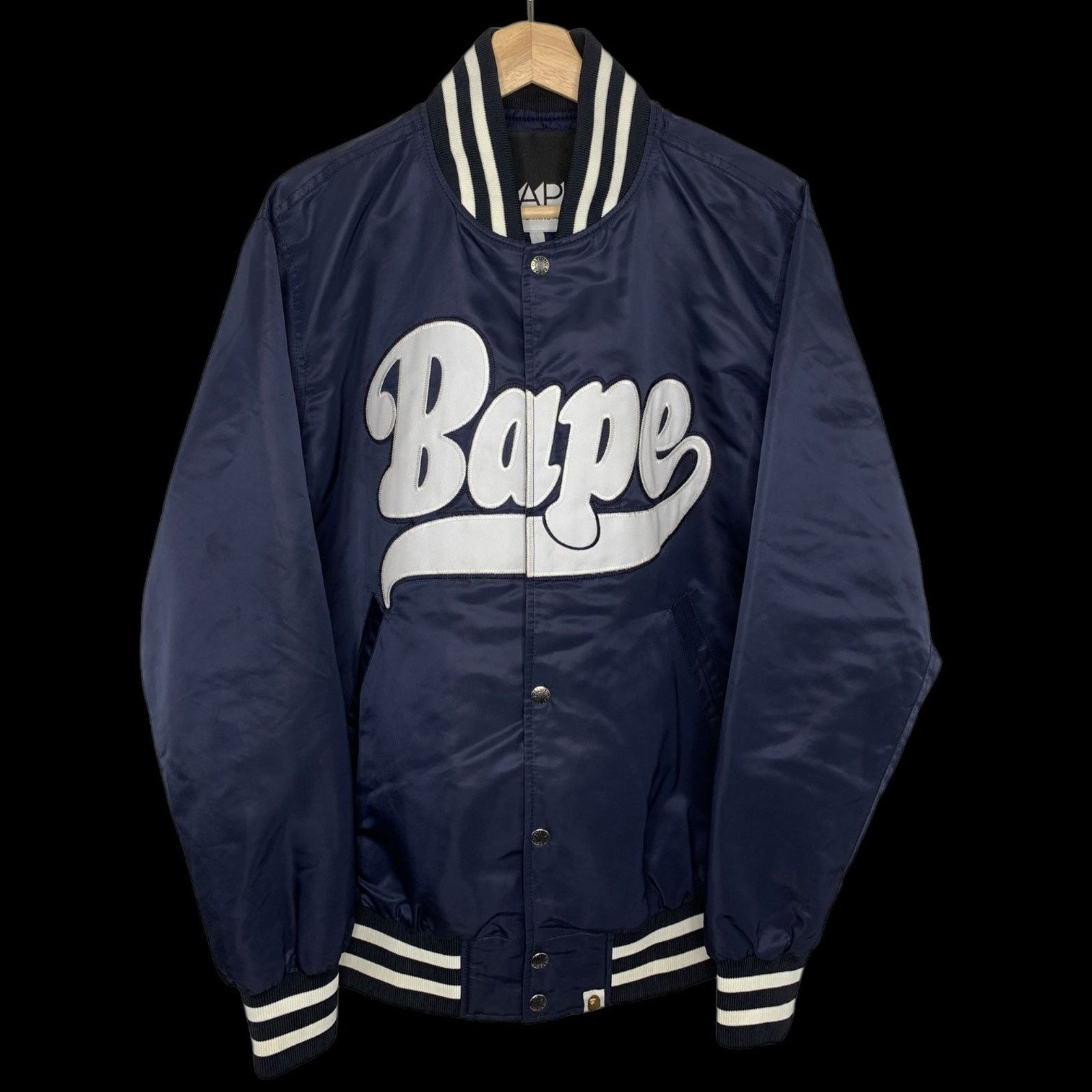 Bape OG Script Logo Nylon Stadium Jacket (Navy Blue) Size US L / EU 52-54 / 3 - 1 Thumbnail