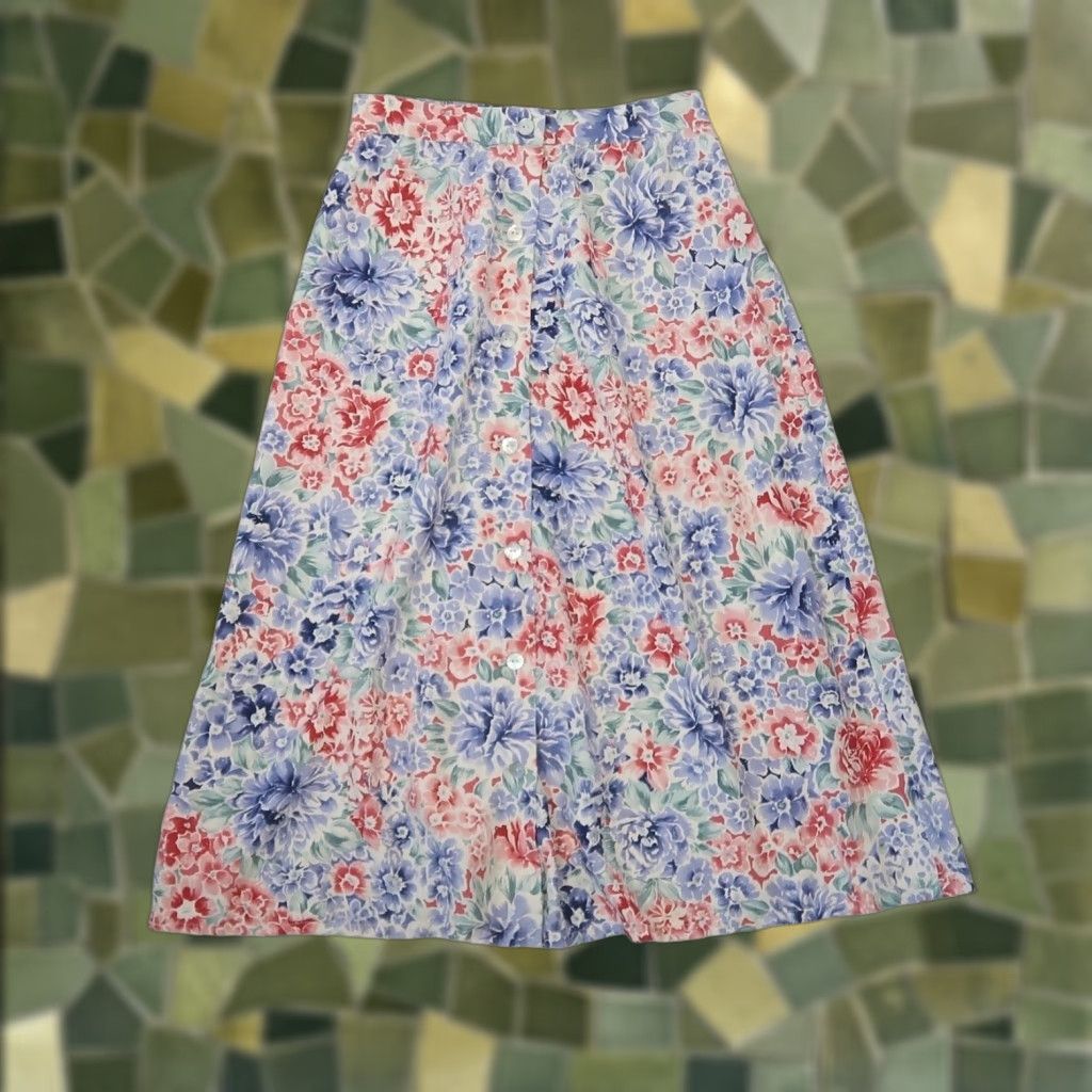 Vintage VINTAGE Essential Elements Silk Midi Skirt Women's S Floral 90s Blue Red Cream Button Back Elastic Spring Summer Size 28" / US 6 / IT 42 - 1 Thumbnail