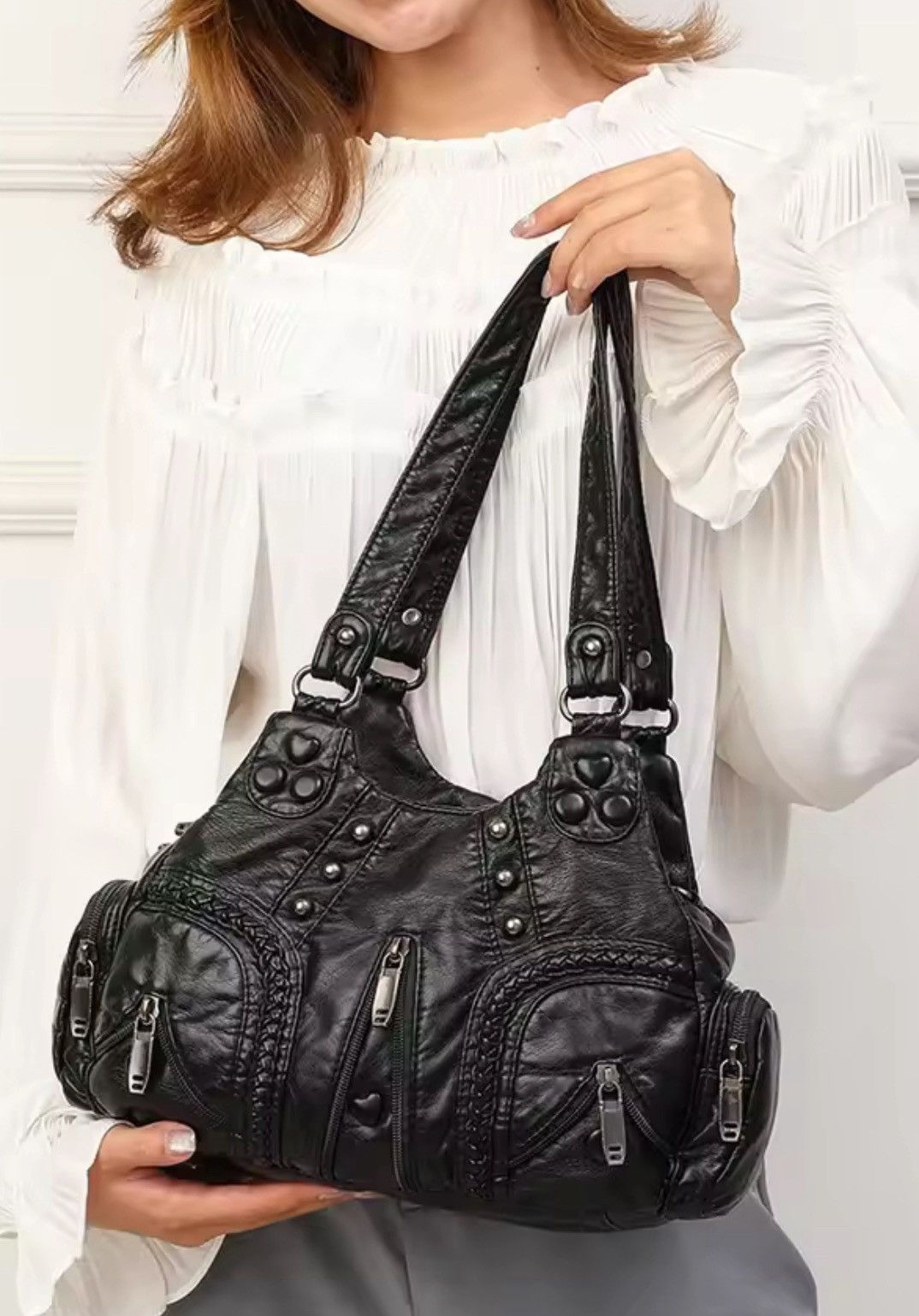 Japanese Brand PU Leather Handbag - Zippered Detail, Crossbody&Shoulder Bag Size ONE SIZE - 2 Thumbnail
