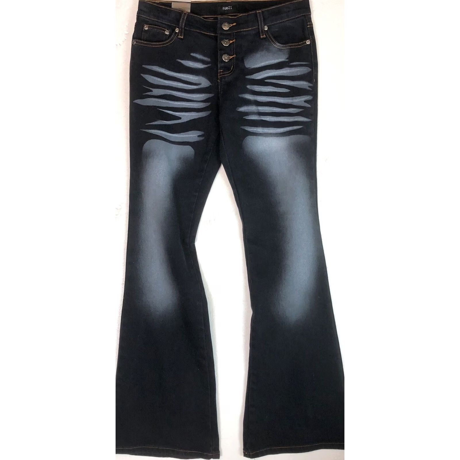 Vintage Rue 21 Jeans 1/2 Black 30”W Mid Rise Button Fly Flare Cuff 2 Tone Nwt 90s Y2K Size 25" / US 0 / IT 36 - 2 Thumbnail