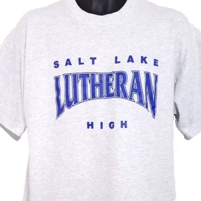 Fruit Of The Loom VINTAGE Salt Lake Lutheran High School T Shirt Mens XL Gray 90s Utah Made In USA Fruit of the Loom Shirt Graphic Tee Size US XL / EU 56 / 4 - 2 Thumbnail