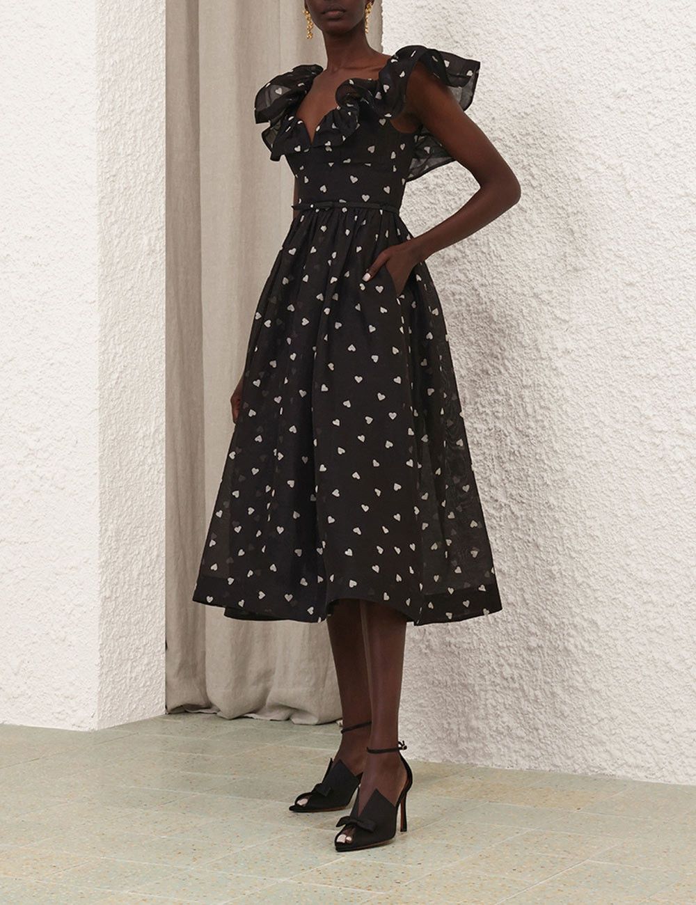 oc11z1025 Crush Frilled Midi Dress in Black
