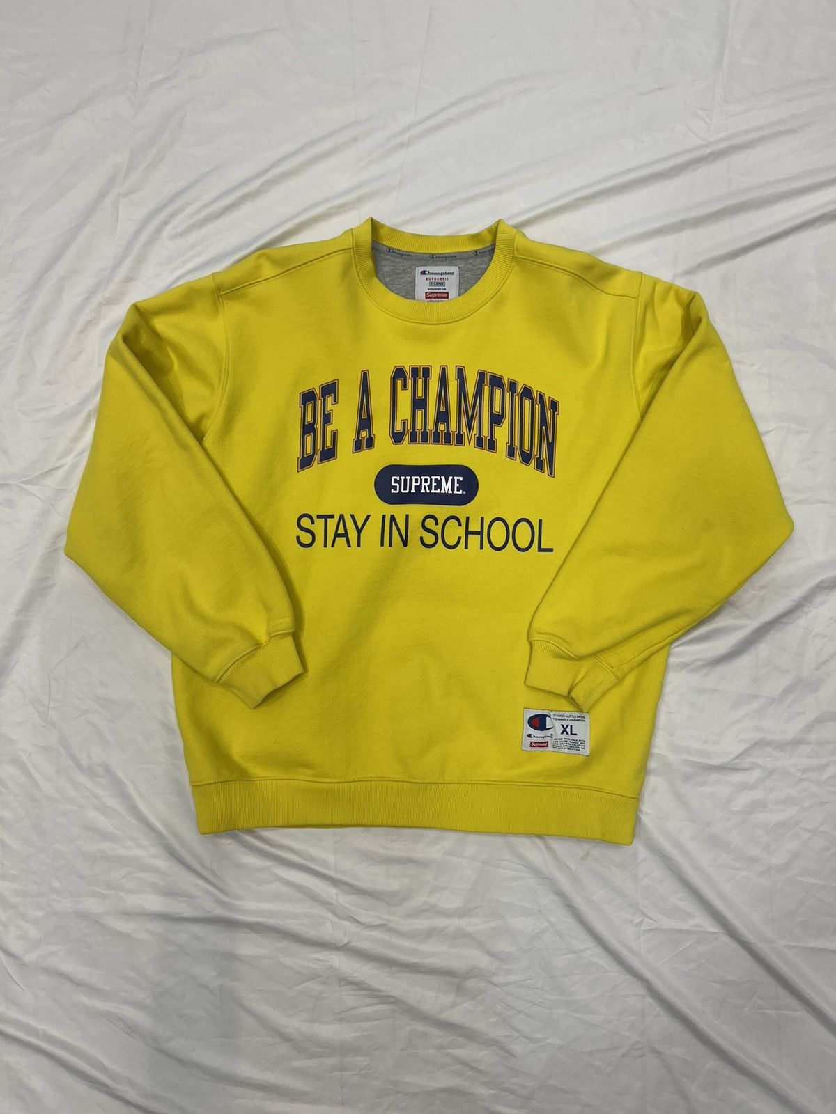 image of Champion Stay In School Crewneck in Yellow, Men's (Size XL)