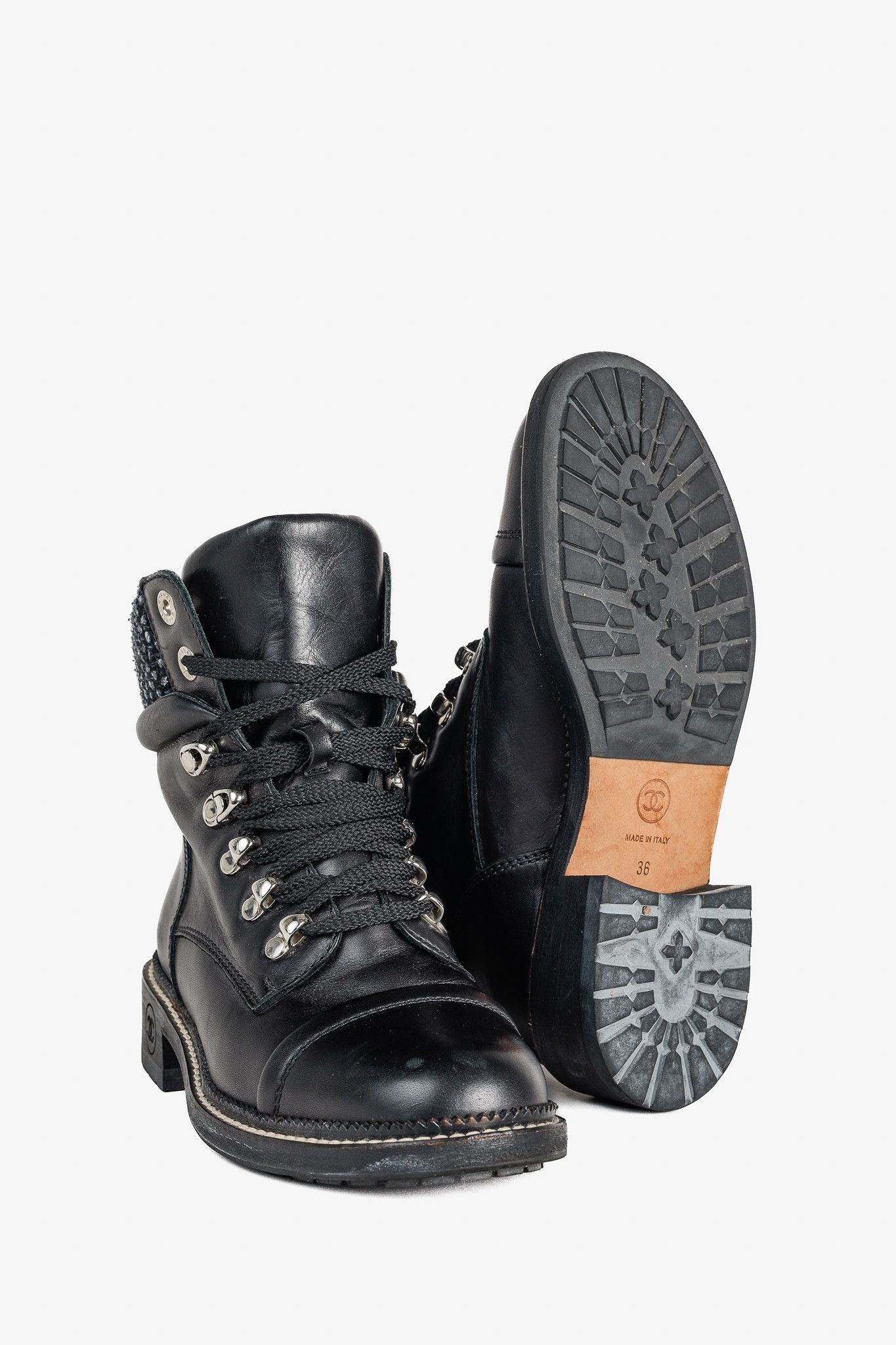 Chanel Chanel 15A Black Leather Tweed-Trim Lace-Up Short Boots Size US 6 / IT 36 - 4 Thumbnail