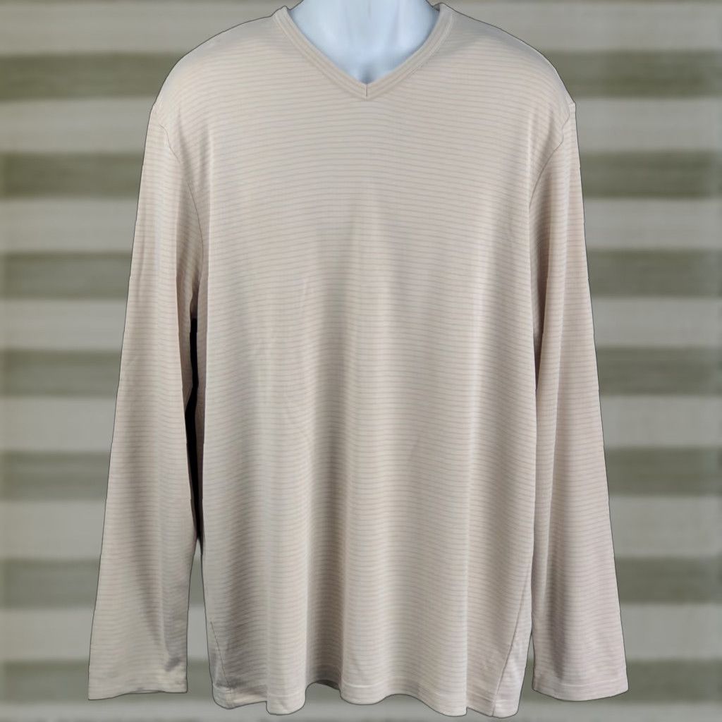 Perry Ellis Perry Ellis Jersey Shirt XL Tan Stripe V-Neck Long Sleeve Pullover Classic Size US XL / EU 56 / 4 - 1 Thumbnail