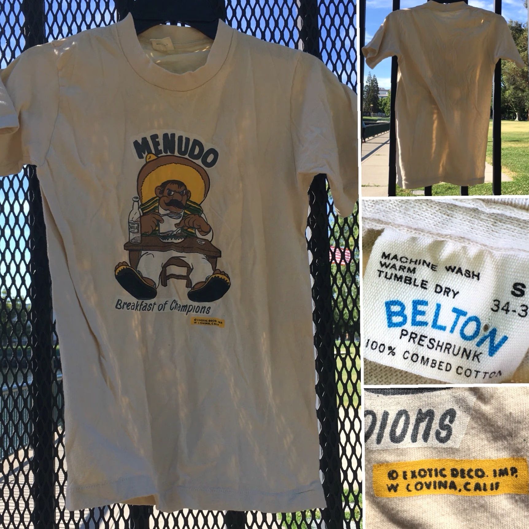 Champion VINTAGE Belton Menudo Breakfast of Champions T-Shirt S Short Sleeve Beige 1970s Mens Graphic Tee USA Size US S / EU 44-46 / 1 - 7 Thumbnail