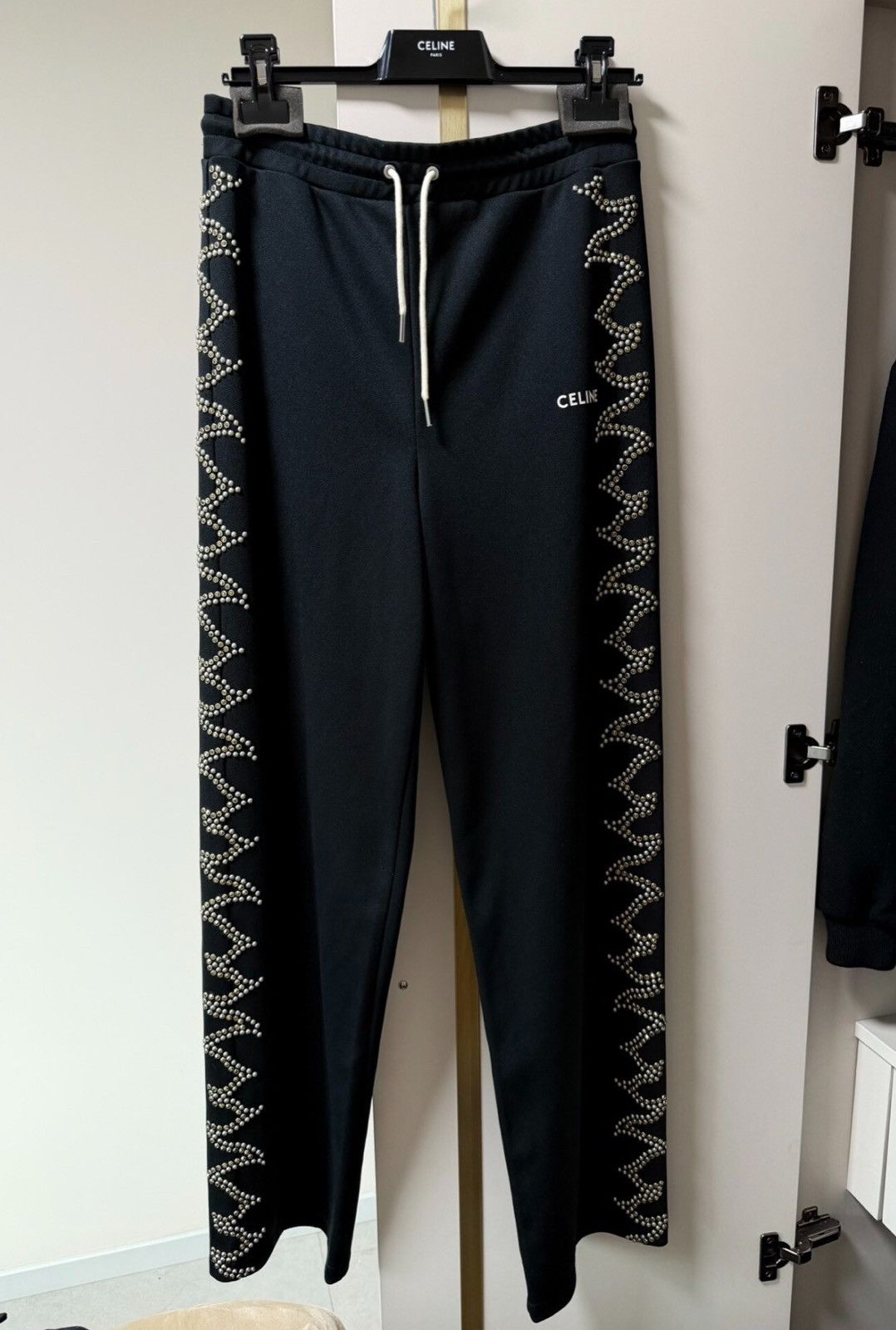CELINE 2023FW Four-Claw Stud & Rhinestone Logo Casual Pants