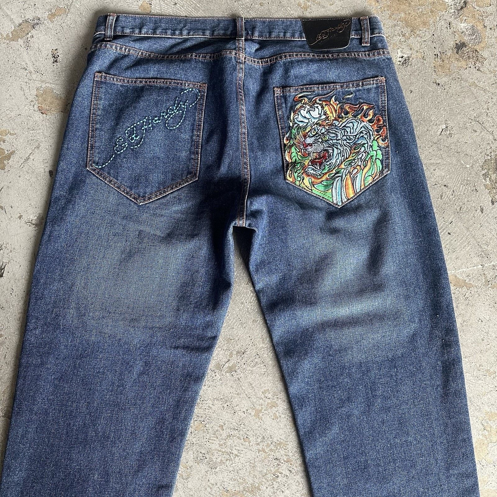 Ed Hardy × JNCO × Vintage Vintage Y2K Ed Hardy Tiger Baggy Denim Jeans 40x34 Audigier Size US 40 / EU 56 - 1 Thumbnail