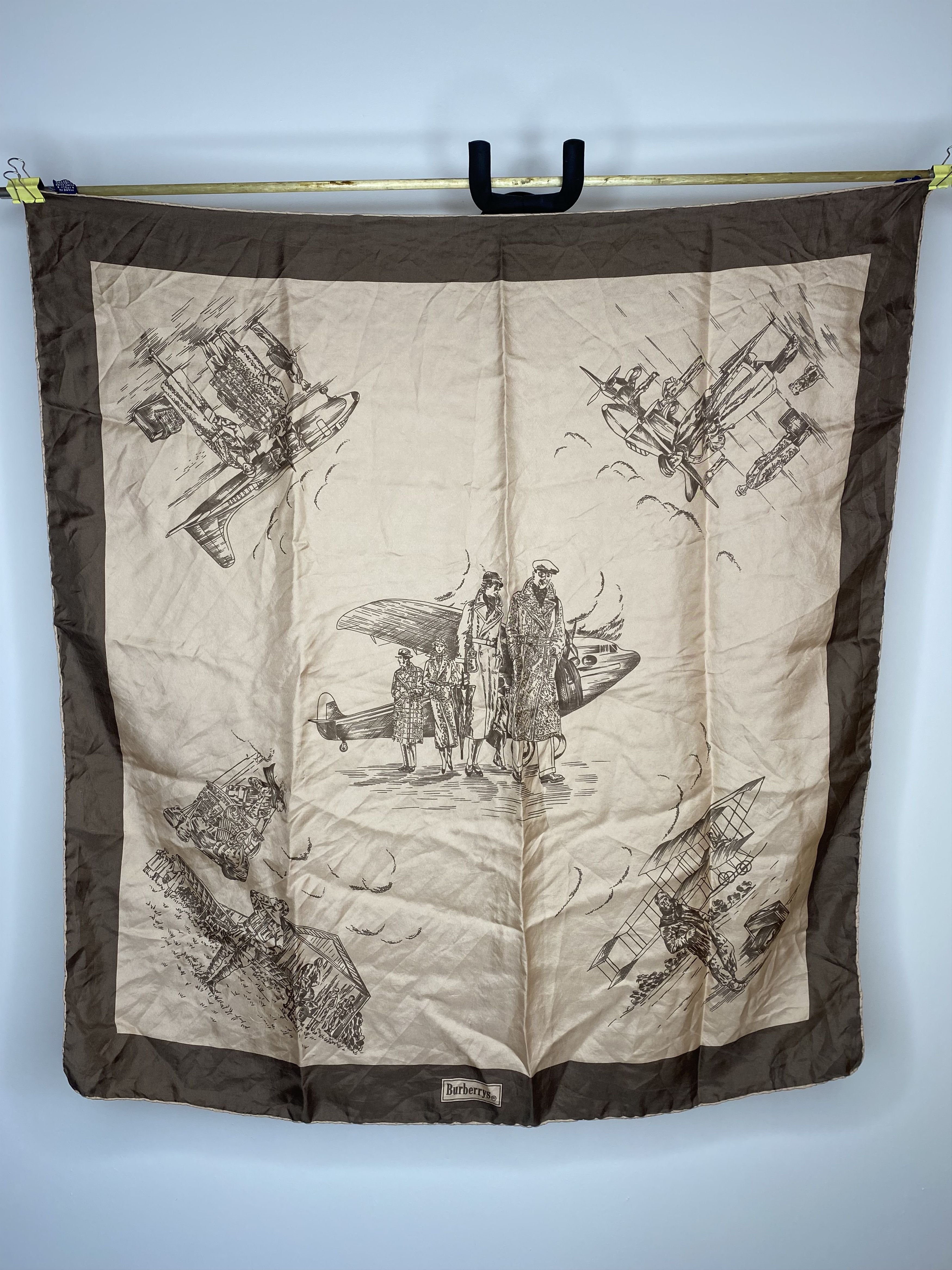 Burberry BURBERRY BURBERRYS OLD AIRCRAFT SCENE VINTAGE SILK SCARF Size ONE SIZE - 1 Thumbnail