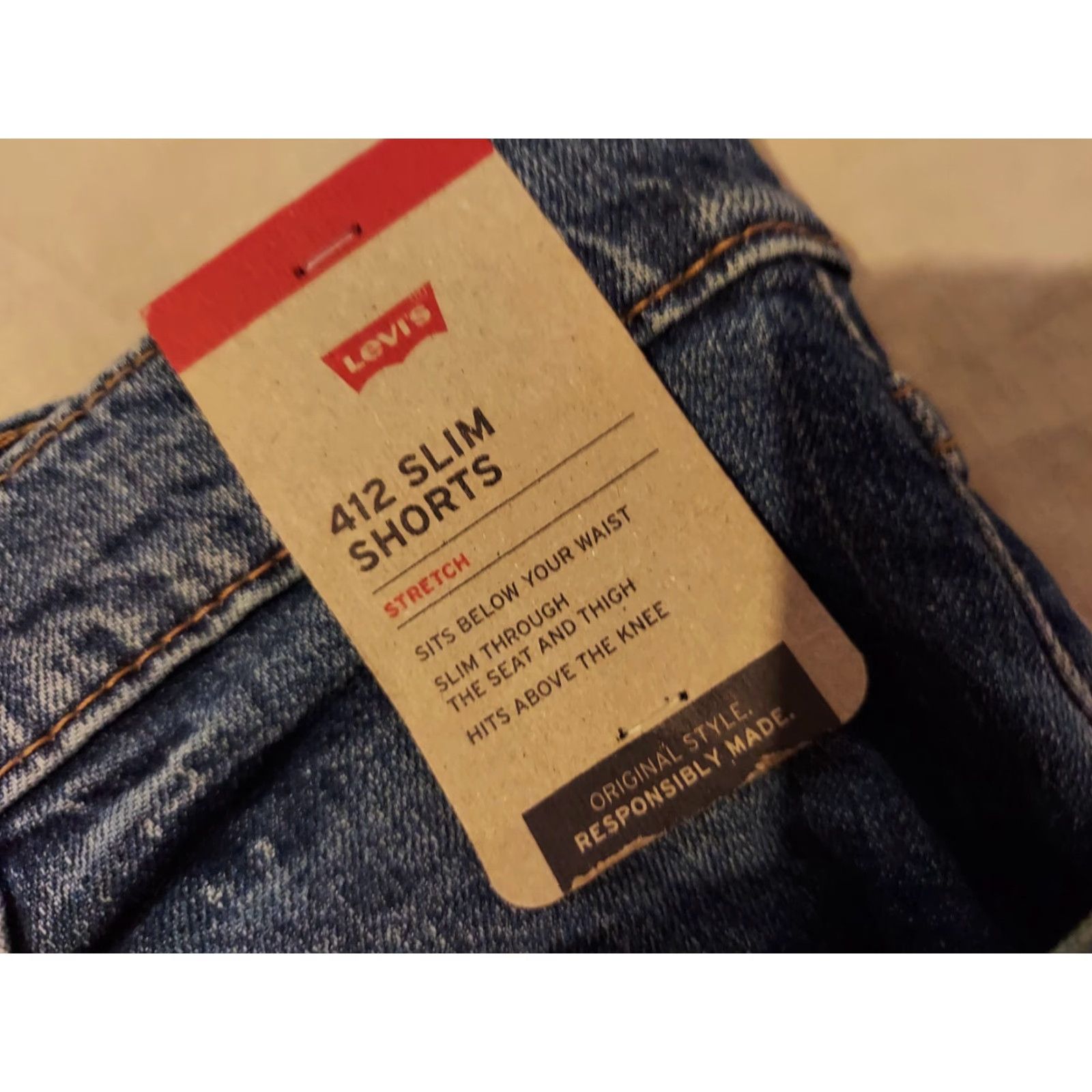 Levi's VINTAGE? (No) - Actually: Levi's Mens Shorts? Levi's 412 Denim Shorts 42 Slim Regular Stretch Blue Chino Denim Mens 42 Stretch Jeans Size US 42 / EU 58 - 4 Thumbnail