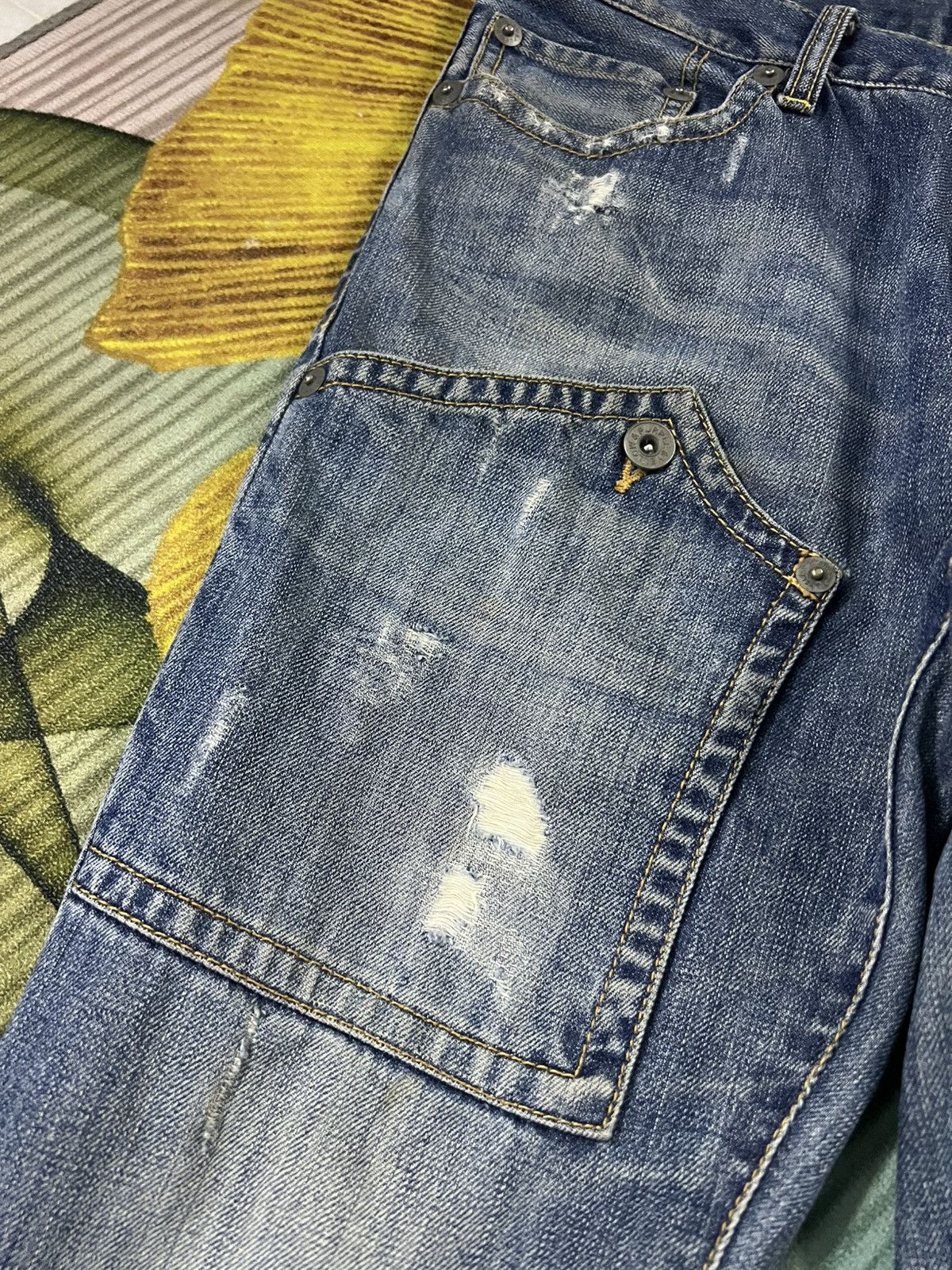 Japanese Brand 💥Twist Leg💥Purple & Yellow Distress Backle Back Flare Jean Size US 31 - 12 Thumbnail