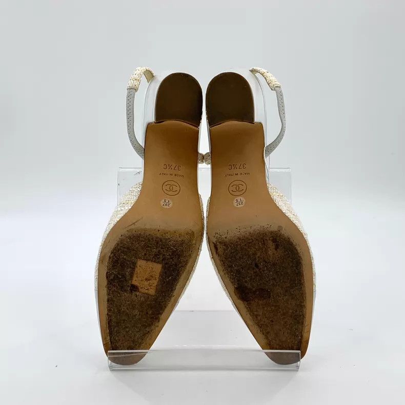 Chanel Chanel White woven tweed stitching thick high-heeled sanda Size US 7 / IT 37 - 5 Thumbnail