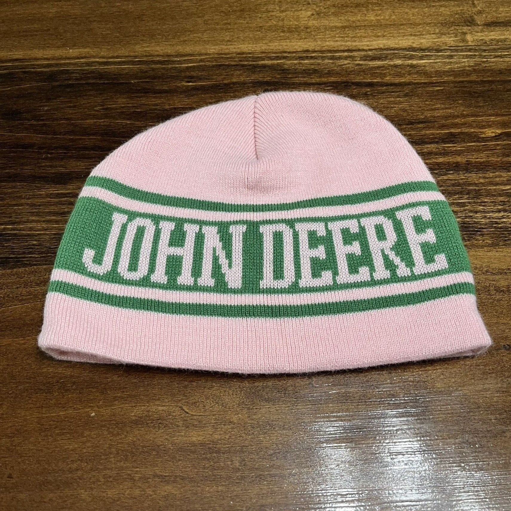 John Deere John Deere Knit Beanie Women's Winter Hat Cap Pink Green Acrylic Knit Striped Logo Adjustable Lightweight Stretch Beanie Fall Winter Womens Size ONE SIZE - 2 Thumbnail