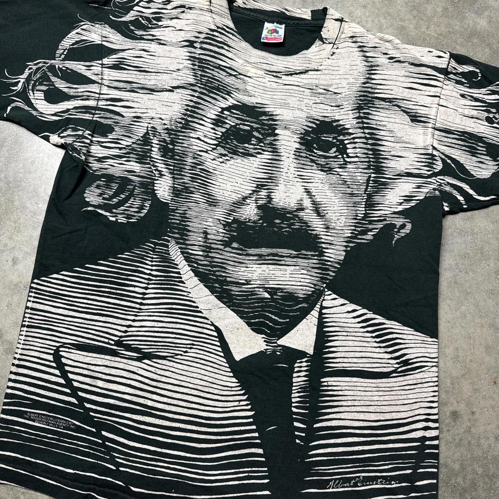 Fruit Of The Loom Albert Einstein All Over Front Print Vintage 90's T-Shirt Size US L / EU 52-54 / 3 - 3 Thumbnail