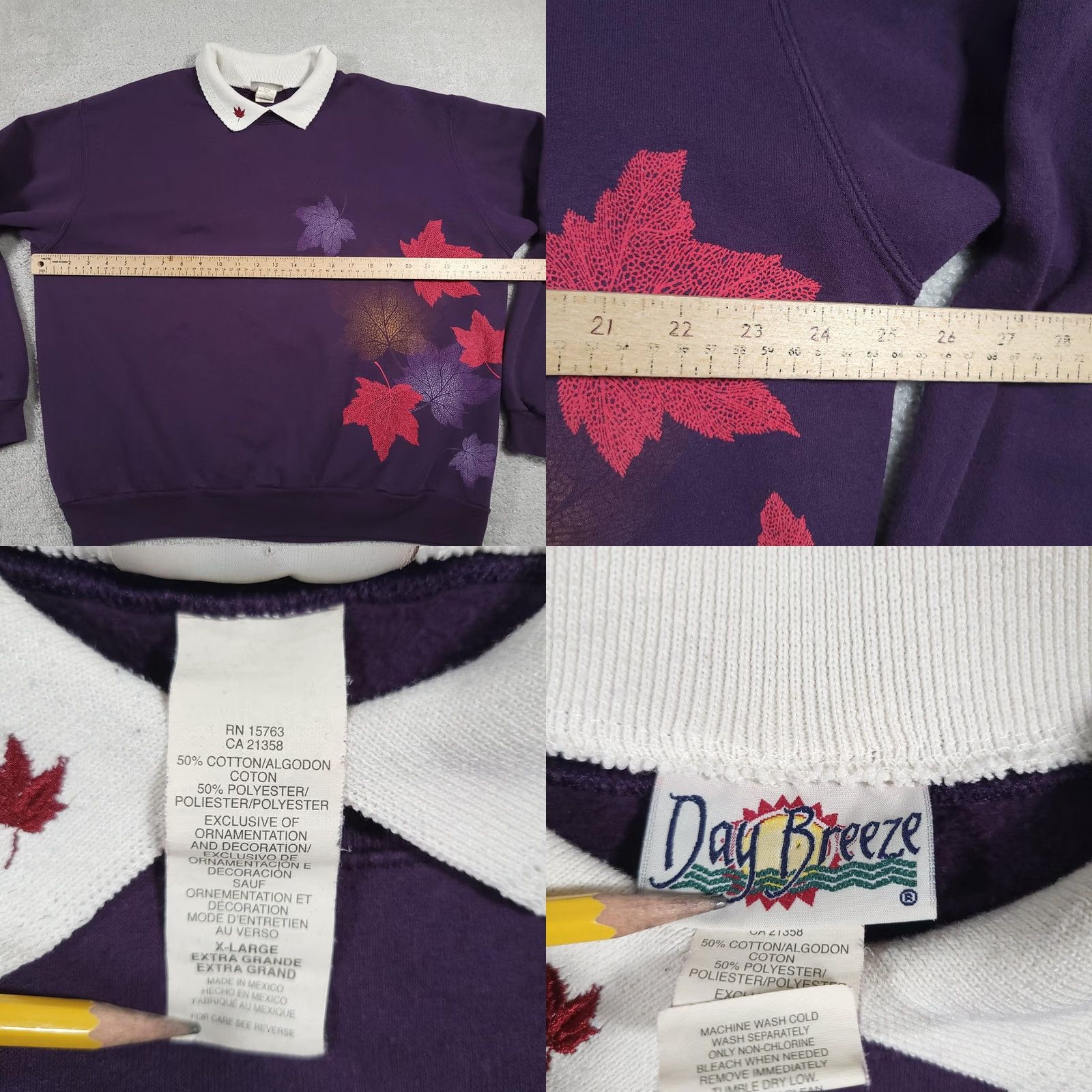 Vintage Day Breeze Sweater Womens XL Purple Embroidered Leaves Mock Collar Pullover Fall Size XL / US 12-14 / IT 48-50 - 8 Thumbnail