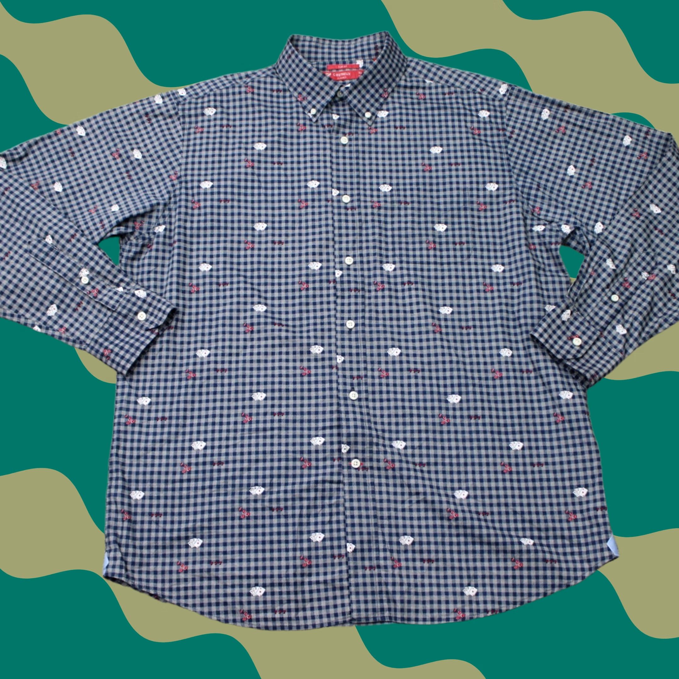 Cremieux Cremieux AOP Shirt Mens XL Blue Slim Fit Cards Print Cotton L/S Button-Up Collar-Down Vintage No Size US XL / EU 56 / 4 - 1 Thumbnail