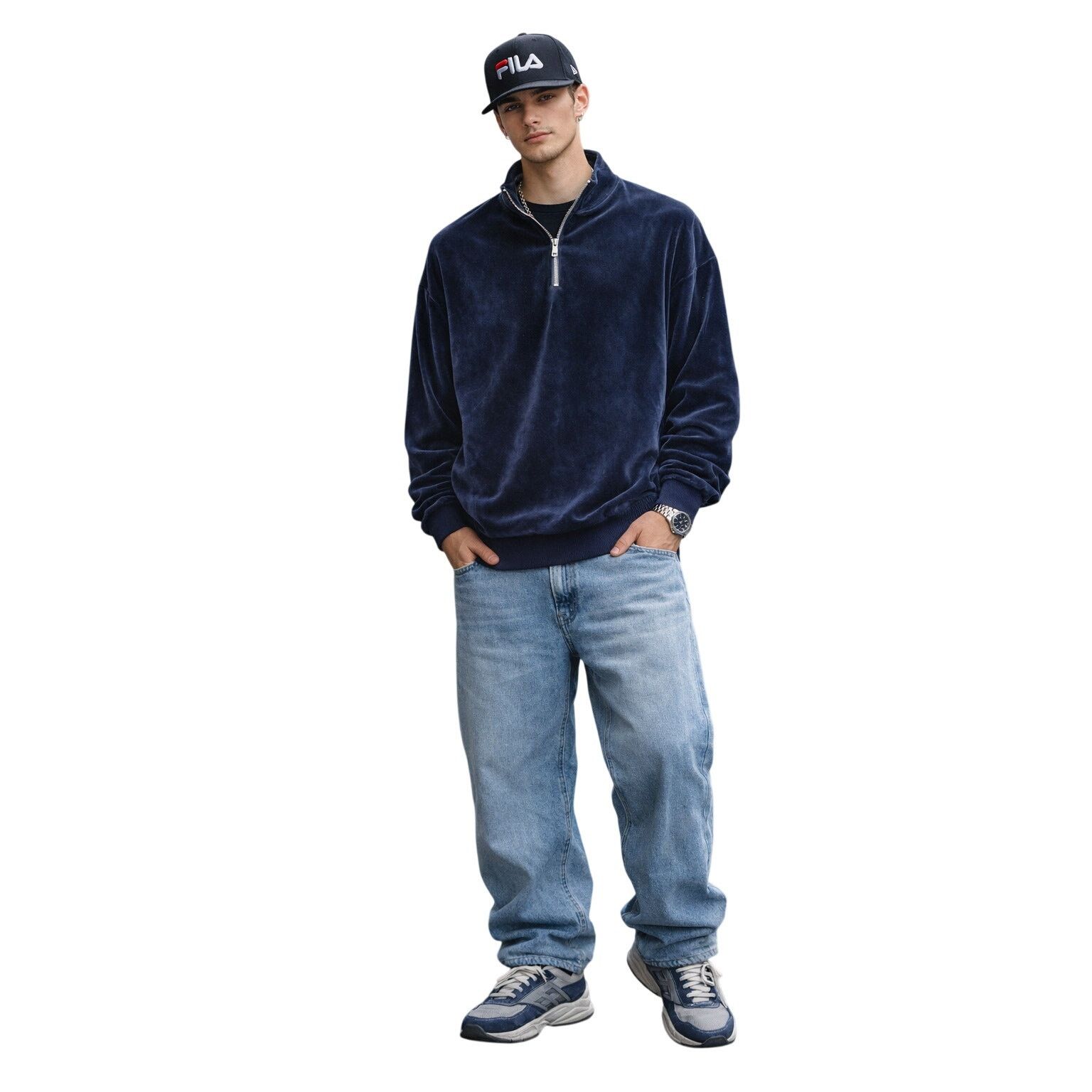 Fila FILA Sport The Collection Velour 1/4 Zip Pullover Navy M Size US M / EU 48-50 / 2 - 1 Thumbnail