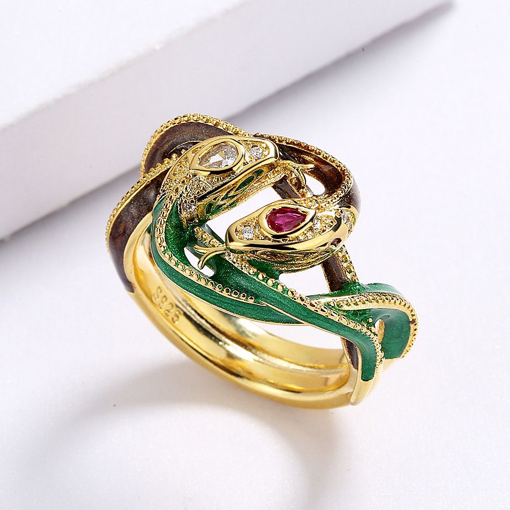 Jewelry Double Snake Winding Handmade Enamel Ring Size ONE SIZE - 3 Thumbnail