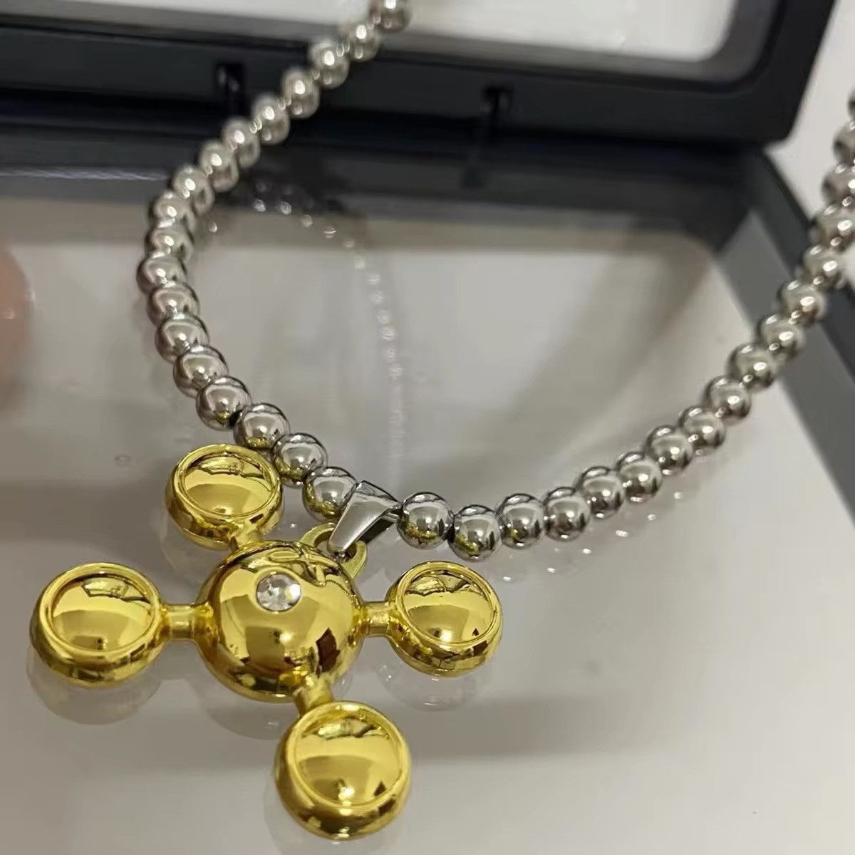 Other Stainless Steel Round Bead Chain Quadangle Pendant Size ONE SIZE - 2 Thumbnail