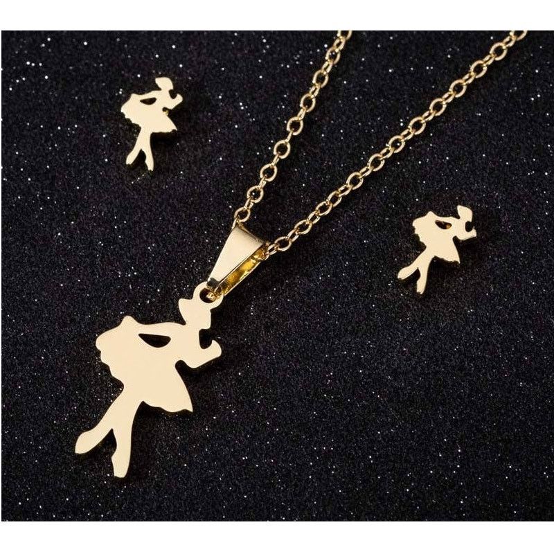 Other Dainty Ballerina Necklace Earrings Set Gold Plated SS Size ONE SIZE - 1 Thumbnail