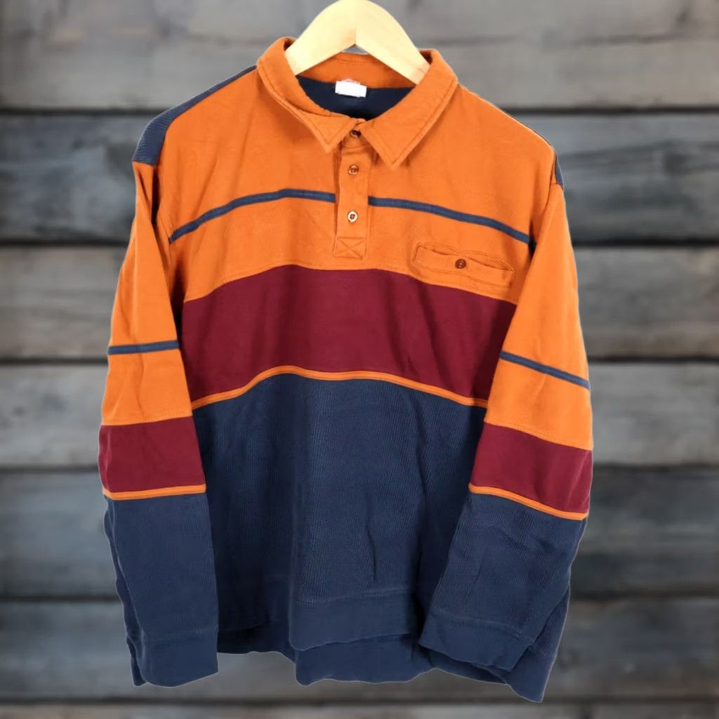 Haband 90s Waffle Knit Polo Shirt Mens 3XL Blue Orange Striped Long Sleeve Vintage VTG Size US XXL / EU 58 / 5 - 1 Thumbnail