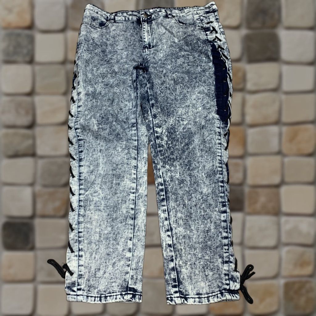 Vintage Between Us Womens Jeans Size 20 Stretch Rope Tie Legs 39 x 26 Acid Wash Blue Denim Size 42" / US 20 - 1 Thumbnail