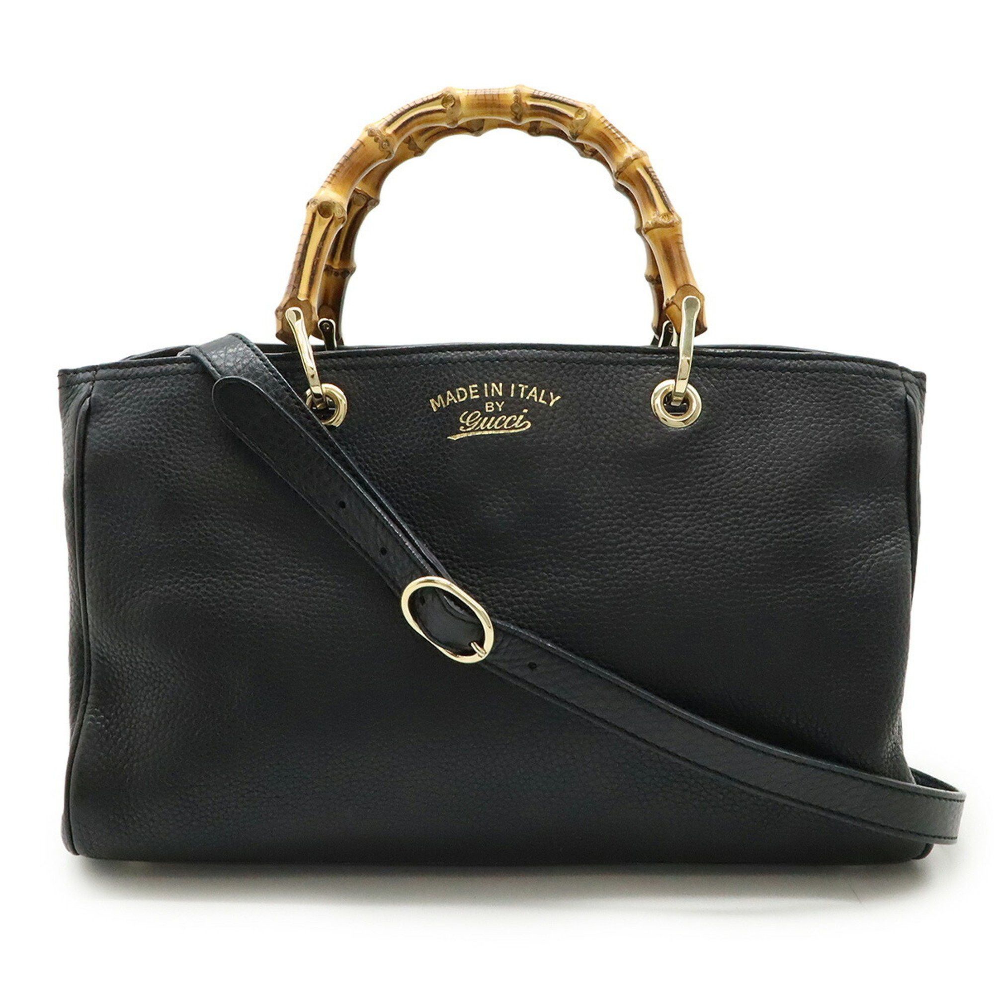 Gucci Bamboo Shopper Medium Size Leather Tote Bag Handbag Shoulder Black 323660, Women's