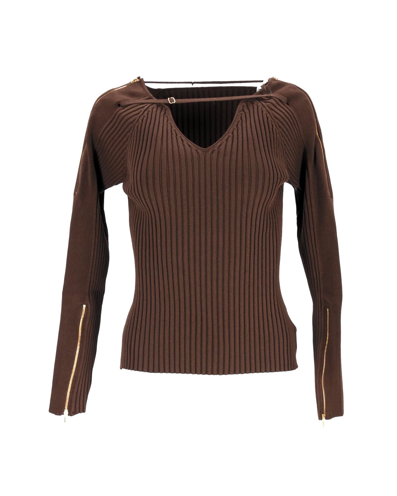 image of Jacquemus Ribbed-Knit Top In Brown Viscose With Adjustable Front Strap, Women's (Size Medium)
