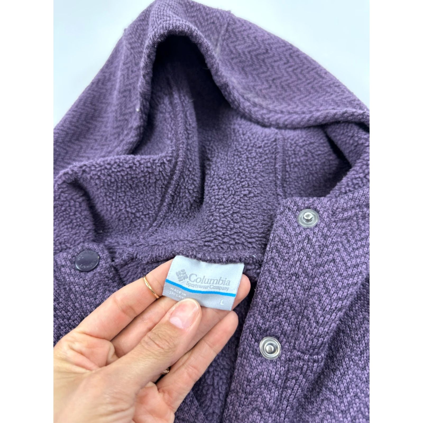 Vintage Columbia Sweater Womens Large Purple Chevron Hooded Long Sleeve Button Front Pullover Casual Outdoor Fall Winter Size L / US 10 / IT 46 - 4 Thumbnail