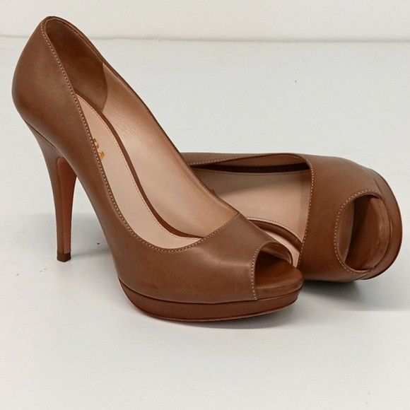 Prada Prada Women's Tan Leather Peep Toe Platform Heels - EU37/US7 Size US 7 / IT 37 - 7 Thumbnail