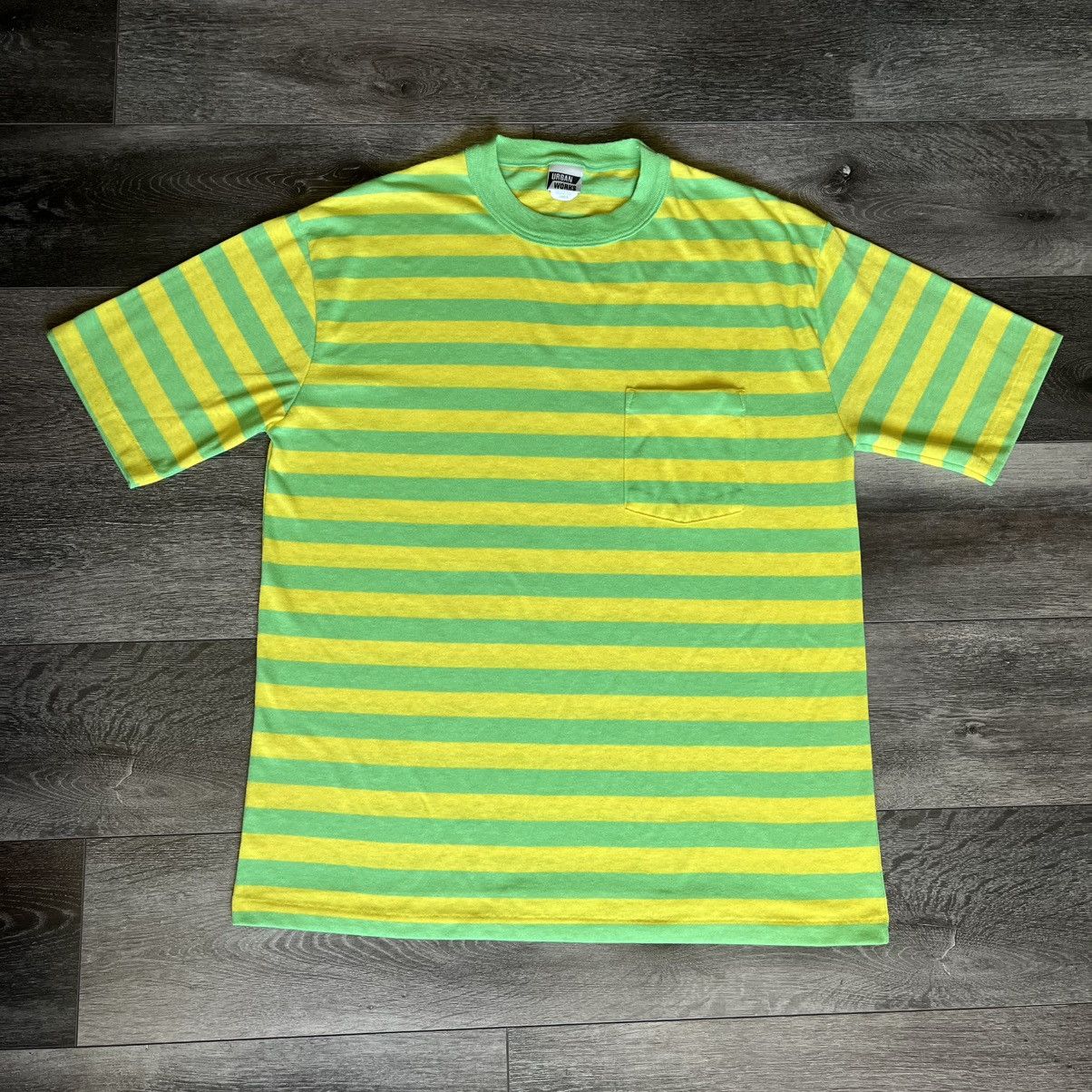 Vintage Vintage 1990s Green Yellow Striped Pocket Blank Tee Shirt Size US L / EU 52-54 / 3 - 1 Thumbnail