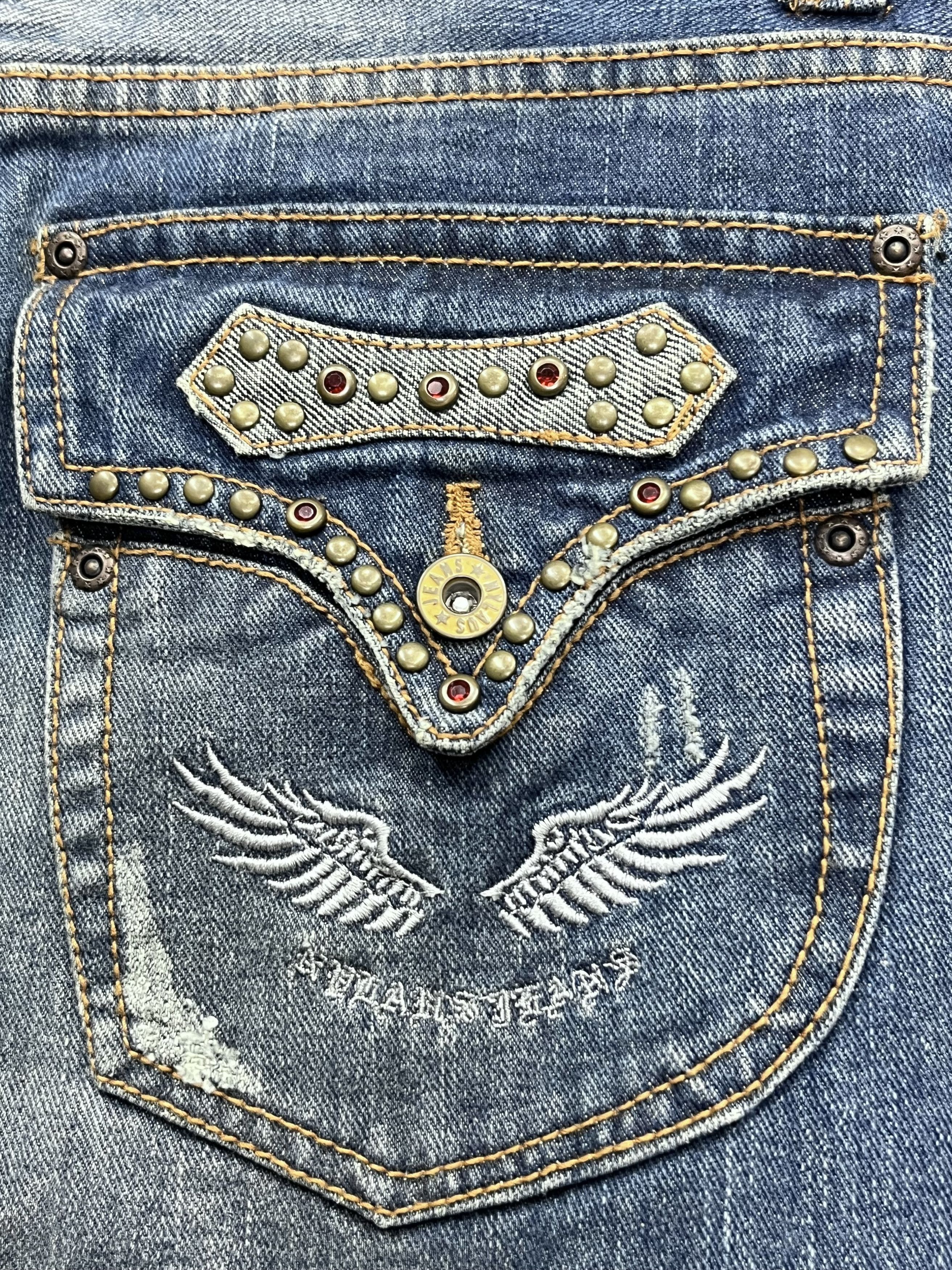 If Six Was Nine FYE🔥NYLAUS Clawmark Whisker Studded Gems Flap Flare Jeans Size US 30 / EU 46 - 6 Thumbnail