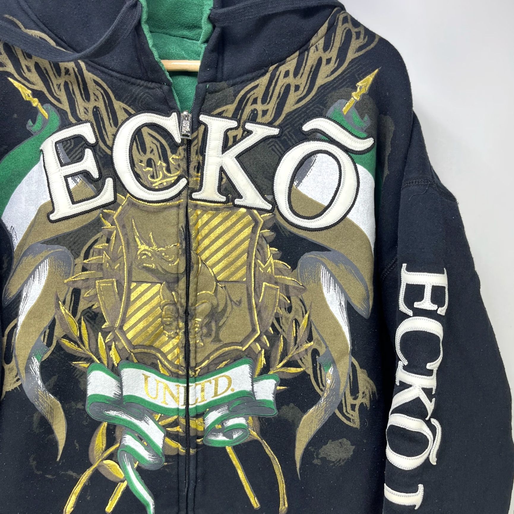 Vintage VINTAGE Ecko Unltd Hoodie 2XL Black Green Crest Zip Up Mens Hoodie Size US XXL / EU 58 / 5 - 2 Thumbnail
