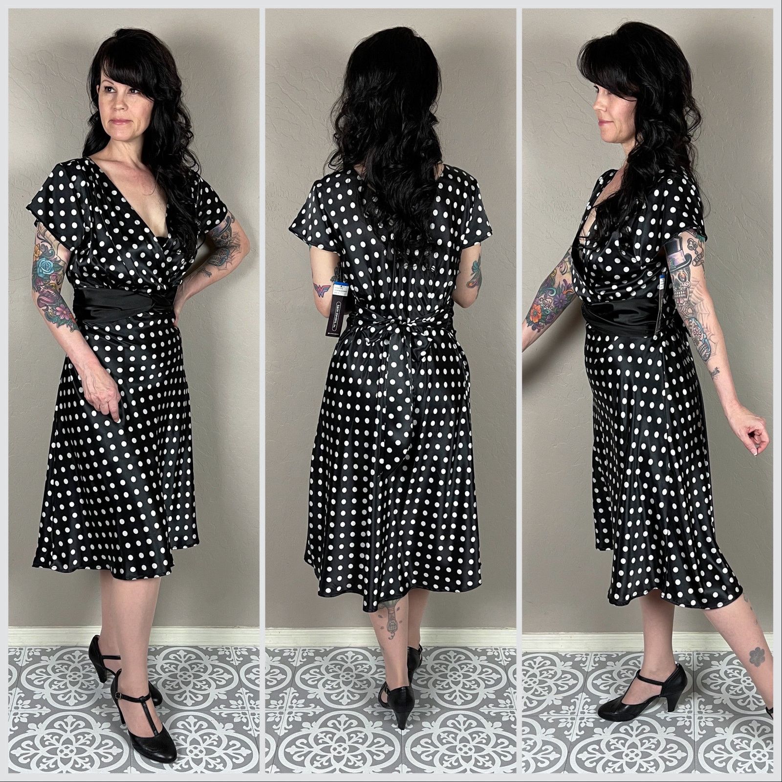 Vintage Vintage Y2K Black & White Polka Dot Tie Back Satin Dress Size M / US 6-8 / IT 42-44 - 2 Thumbnail