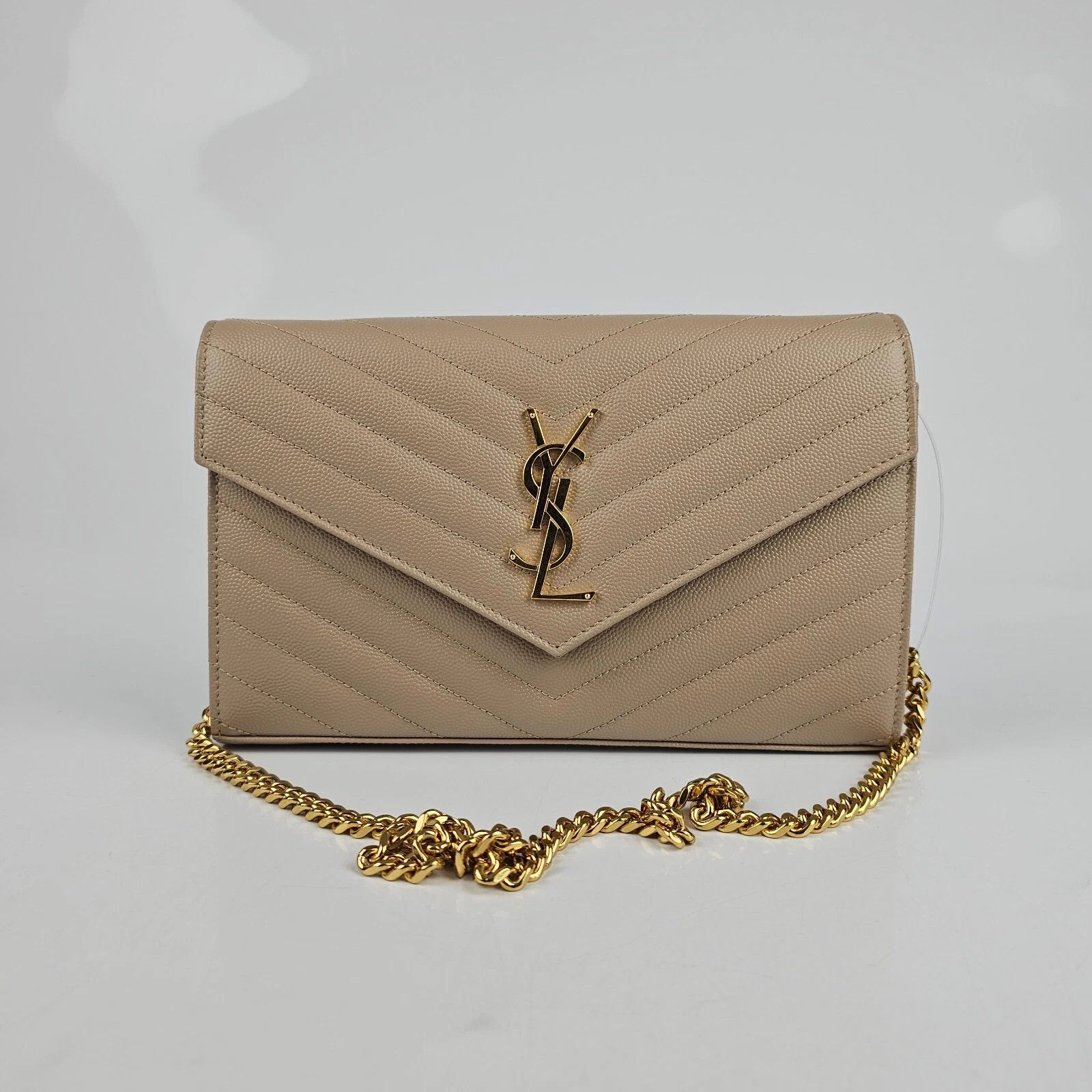 Saint Laurent Paris YSL Cassandre Dark Beige Grained Leather Chain Wallet Size ONE SIZE - 3 Thumbnail