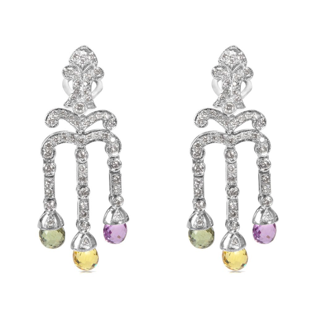 image of Diamond & Multi Color Sapphire Drop Earrings In 18K White Gold (1.33 Ctw), Women's