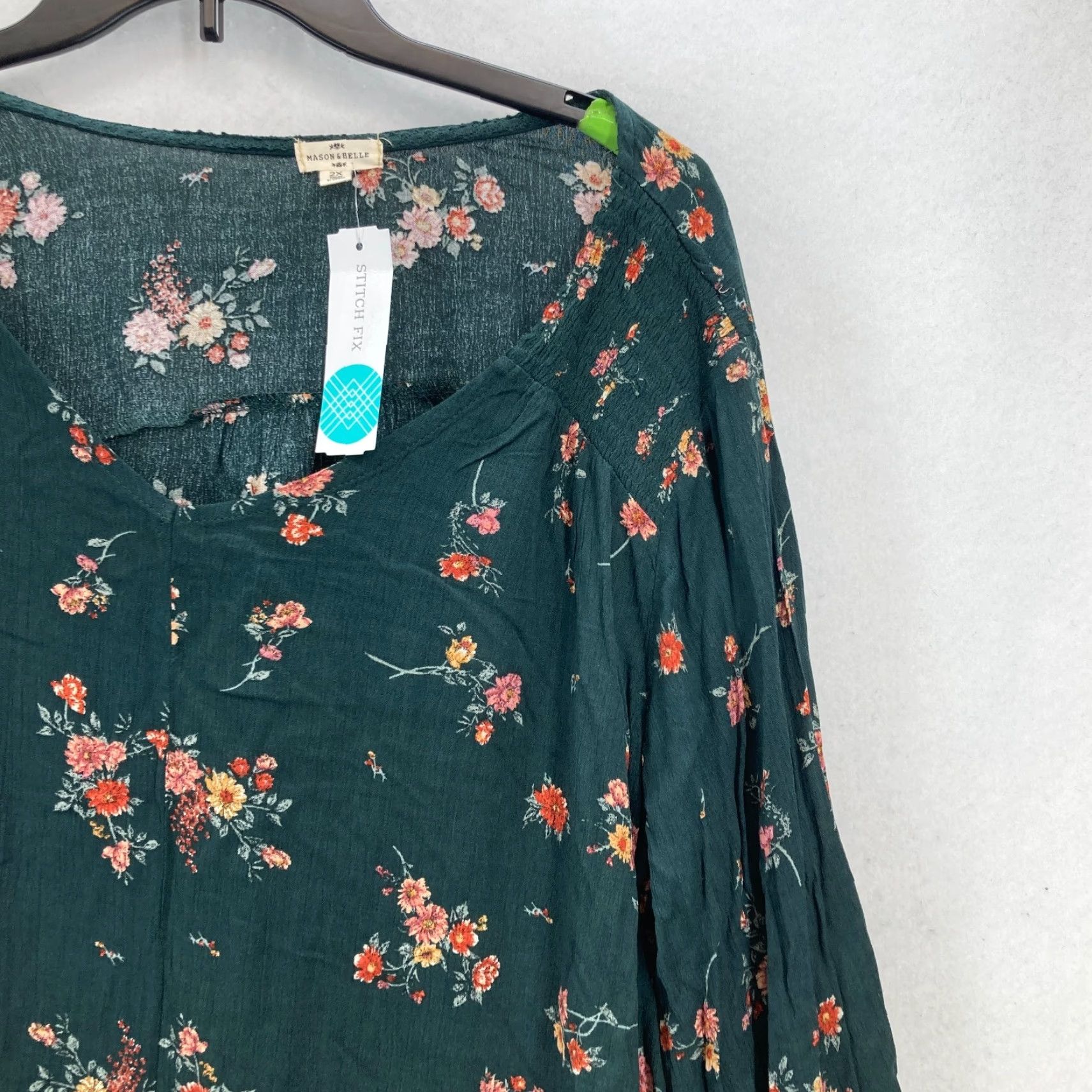 Vintage Mason & Belle Franceska Blouson Sleeve Top Women's 2X Green Floral Blouse Size XXL / US 16-18 / IT 52-54 - 2 Thumbnail
